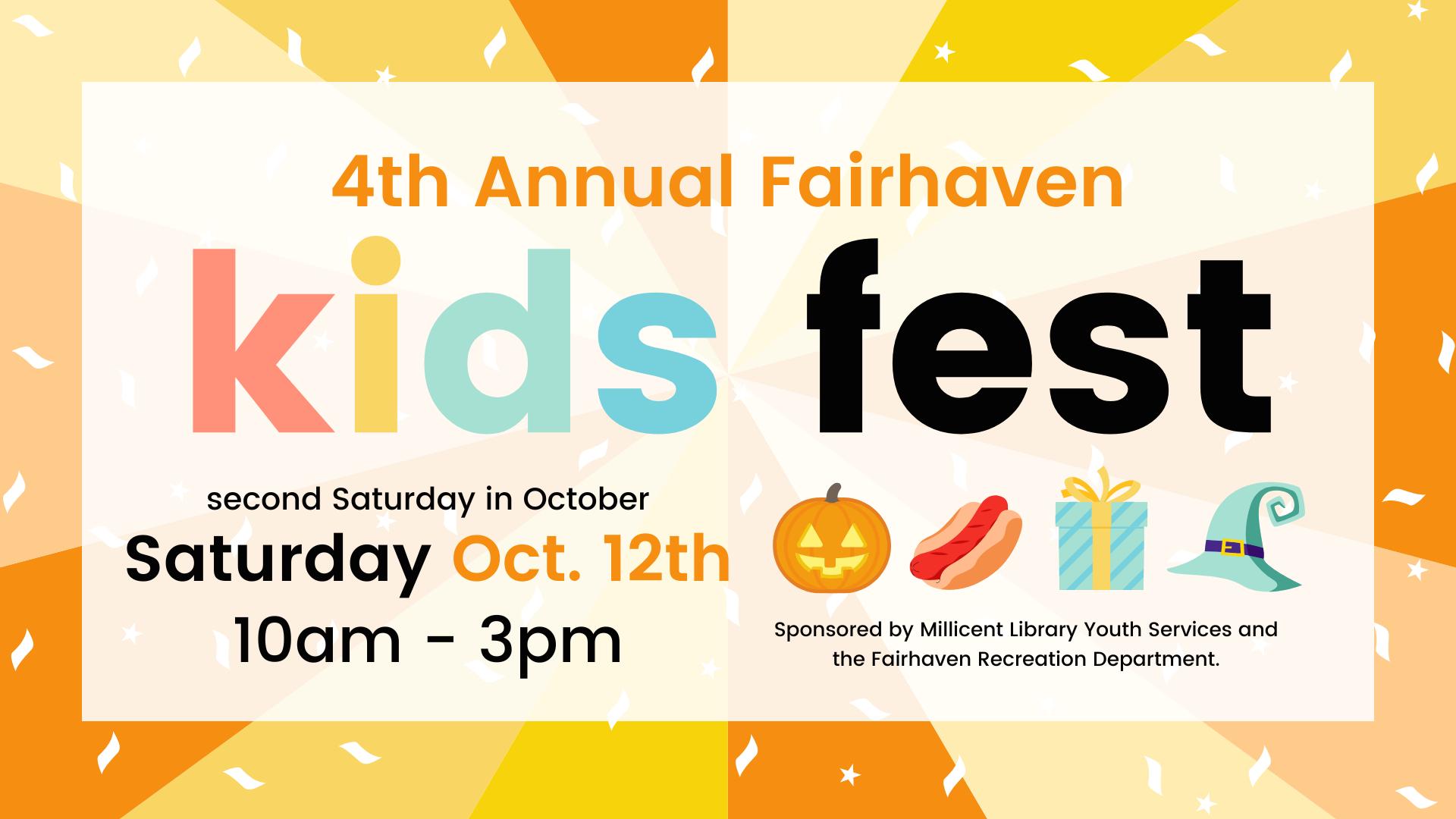 "kids fest" in bold letters over an orange background with icons of a pumpkin, hot dog, wrapped gift, and witch's hat