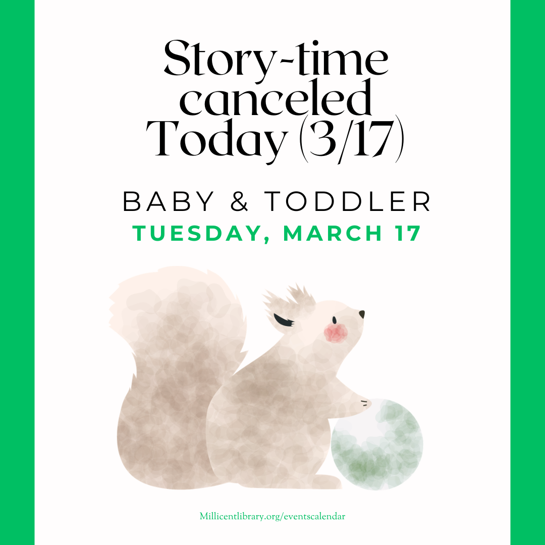 Squirel with text announcing cancelation of storytime