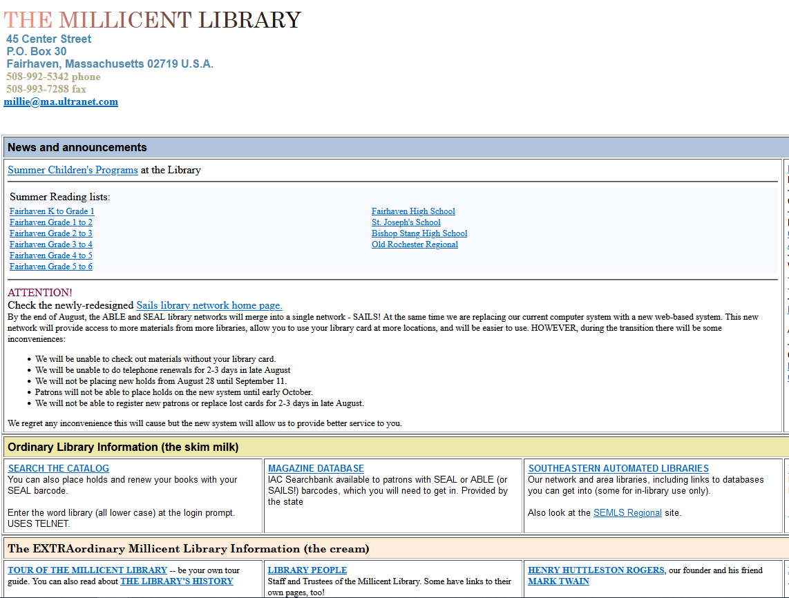 Millicent Library Website, circa 2000
