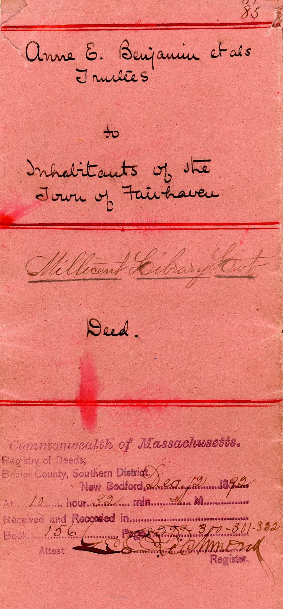 Cover for deed of the library, 1892