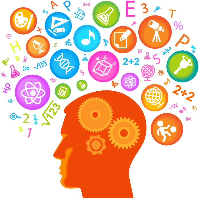 Graphic of silhouette of head surrounded by icons related to knowledge