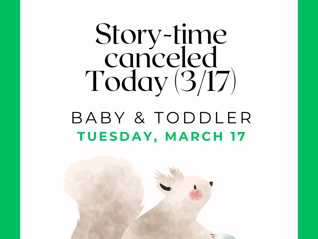 Squirel with text announcing cancelation of storytime
